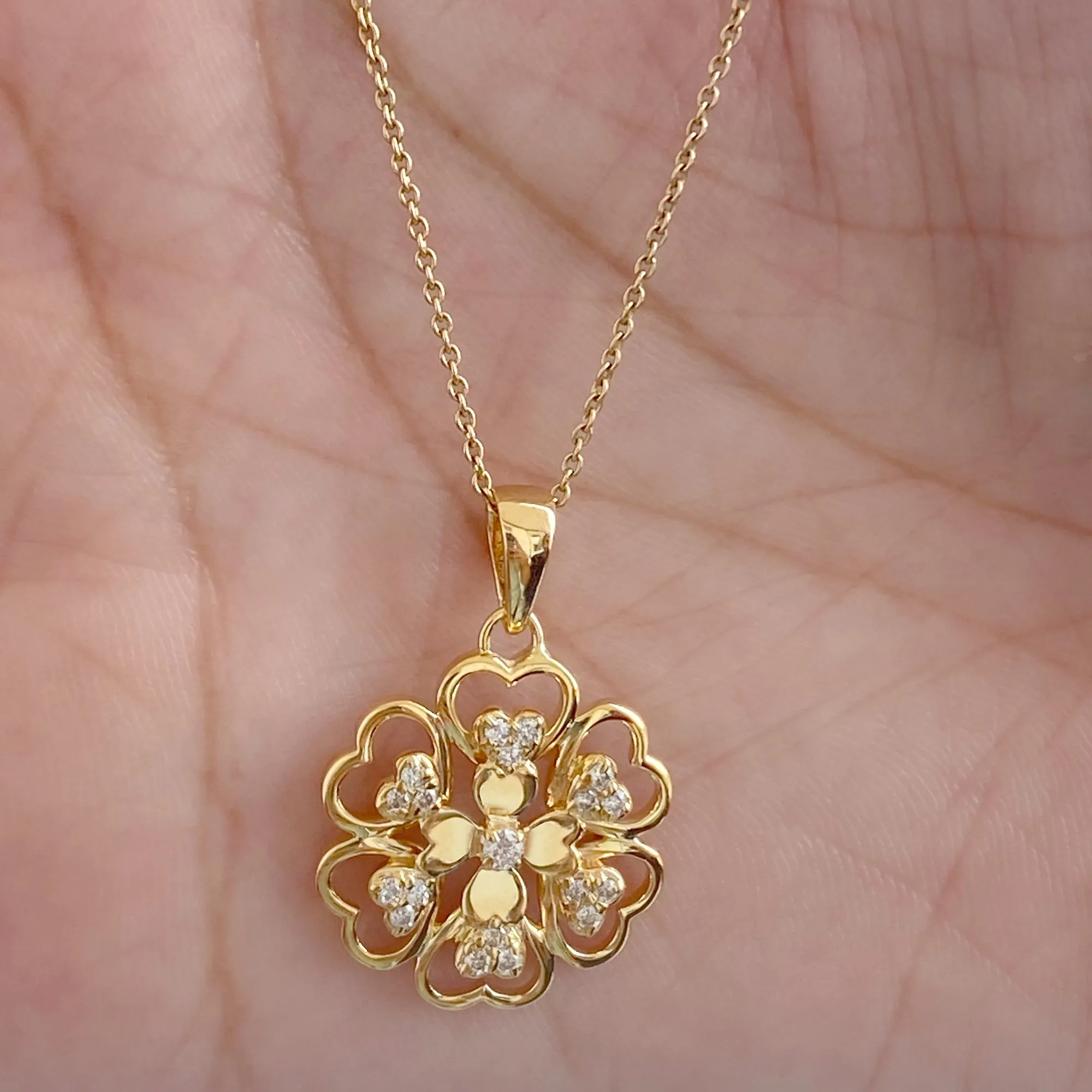 0.25 CT Natural Diamond Heart Gold Petal Flower Pendant Necklace