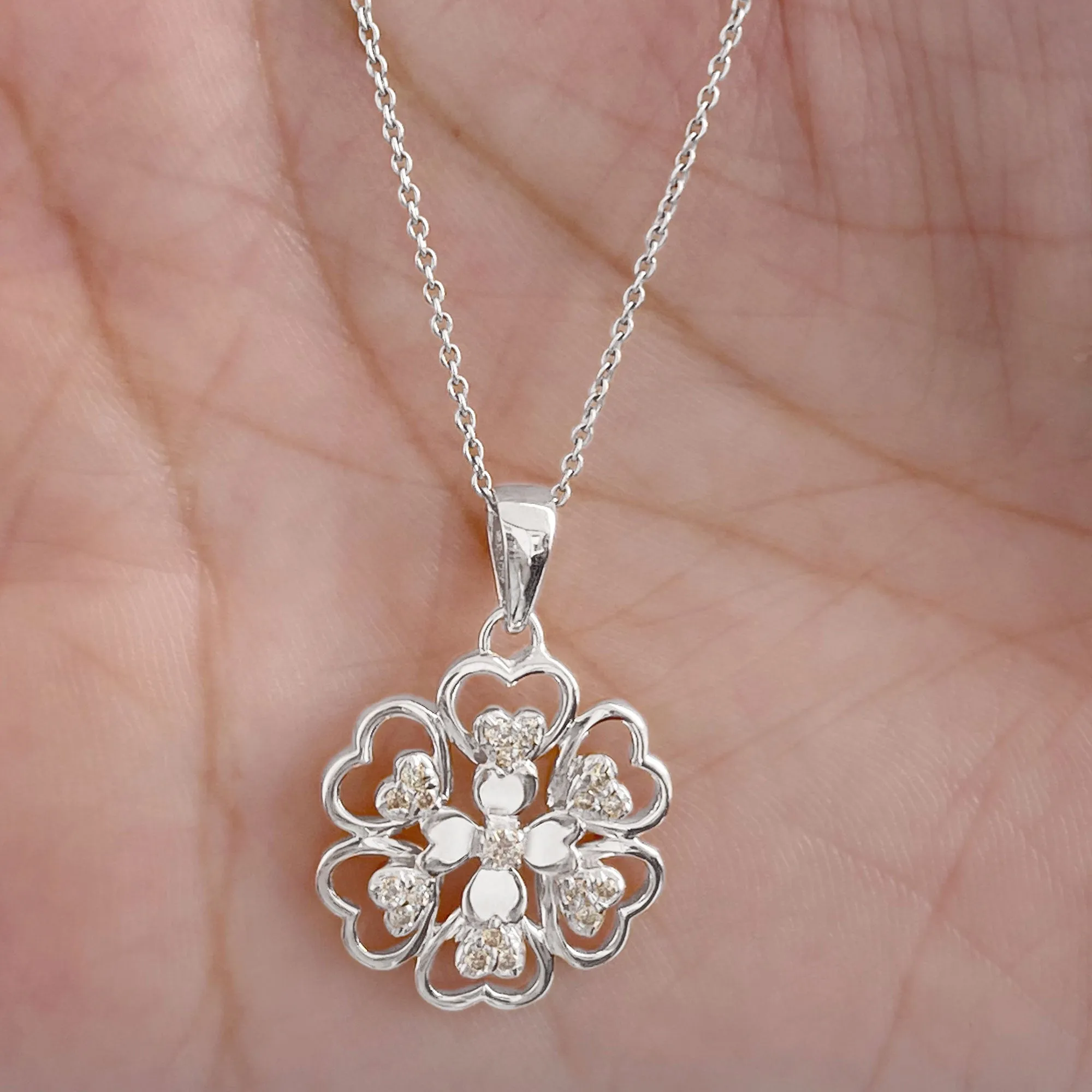 0.25 CT Natural Diamond Heart Gold Petal Flower Pendant Necklace