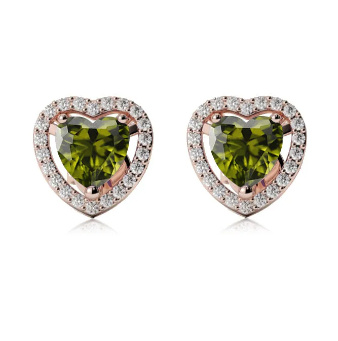 10k Rose Gold Plated 1/2 Ct Created Halo Heart Peridot Stud Earrings