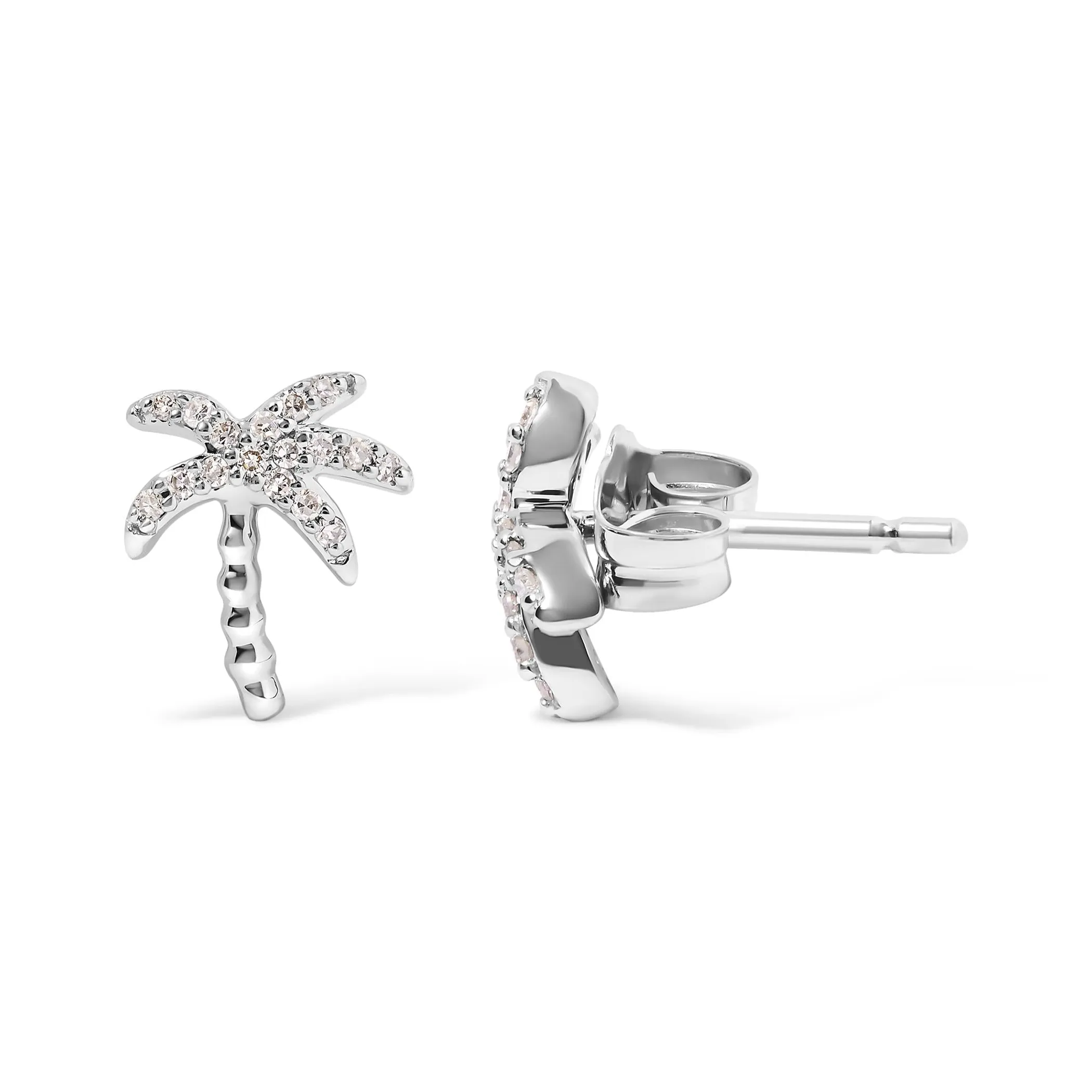 10K White Gold 1/10 Cttw Diamond  Encrusted Palm Tree Stud Earrings (H-I Color, I1-I2 Clarity)