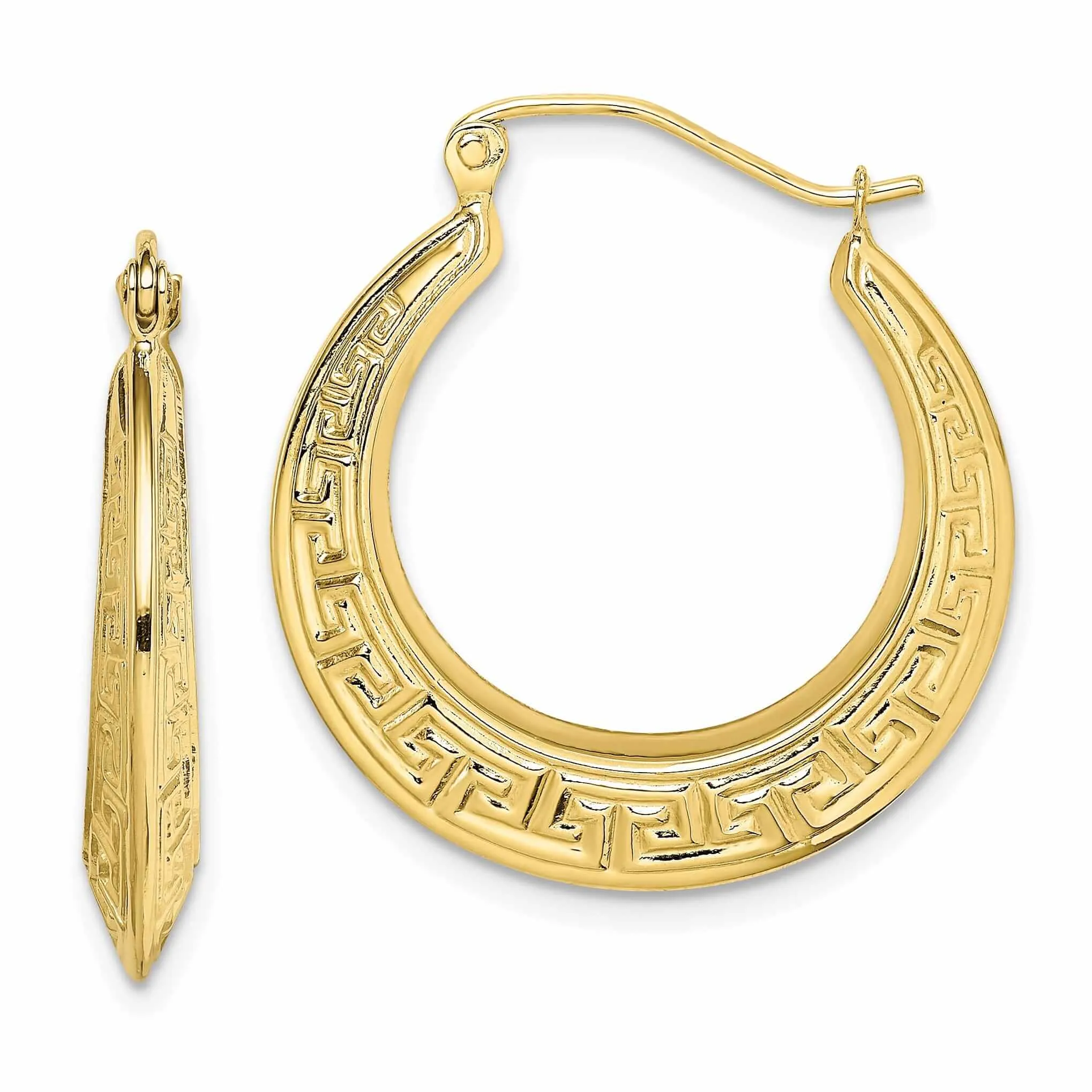 10k Yellow Gold Hollow Greek Key Hoop Earrings