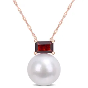 11-12mm Cultured Freshwater Pearl and 3/4 CT TGW Baguette Garnet Stud Pendant with Chain in 10k Rose Gold