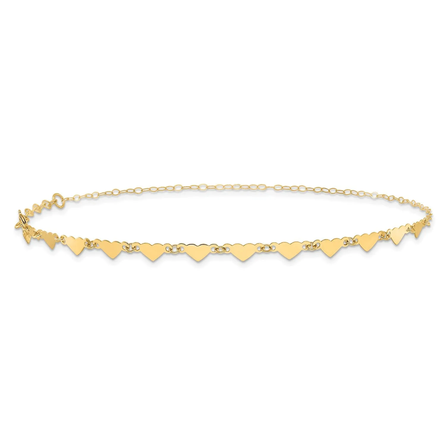 14K Real Yellow Gold Oval Link Chain with Hearts Anklet, 9-10 Inch Adjustable Length