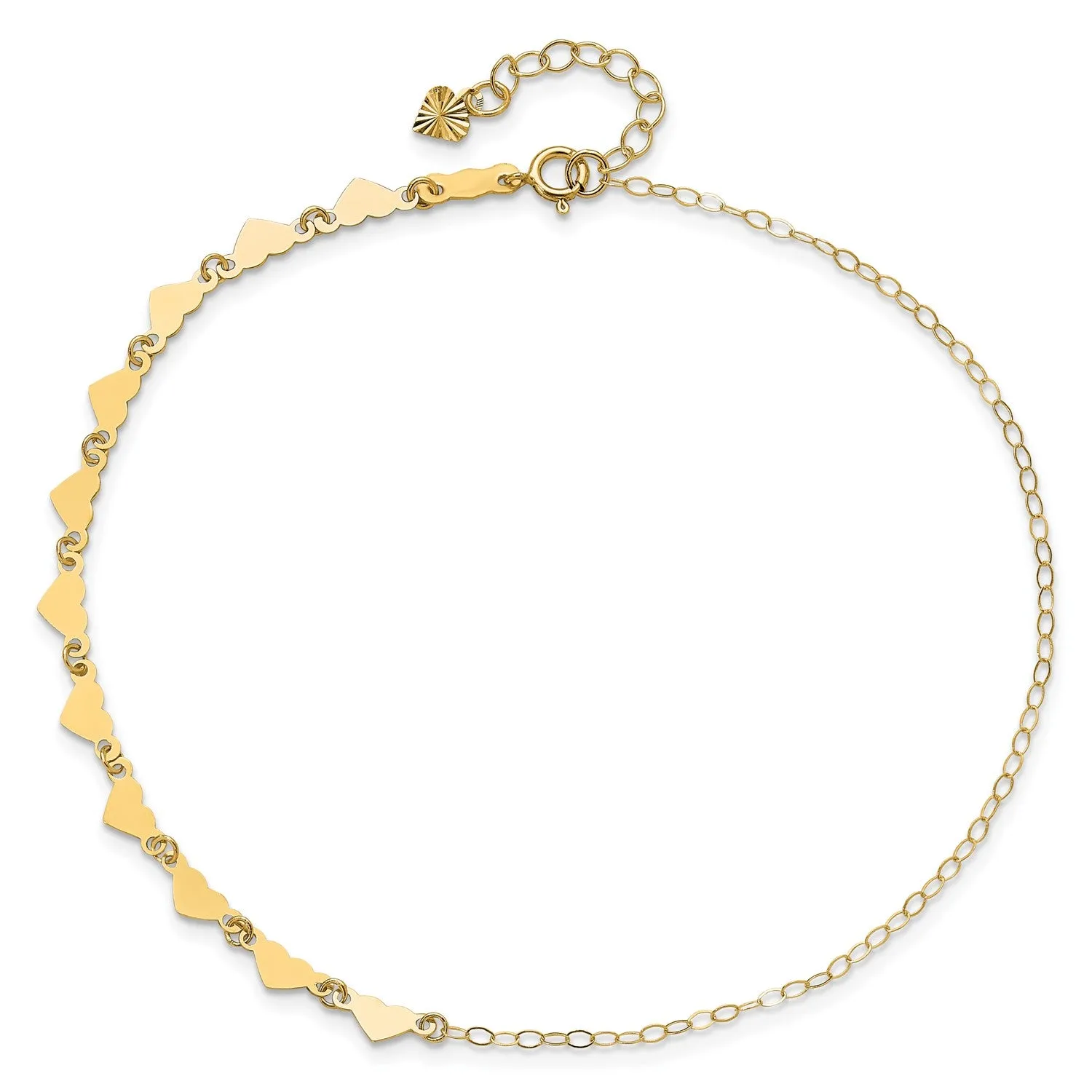 14K Real Yellow Gold Oval Link Chain with Hearts Anklet, 9-10 Inch Adjustable Length