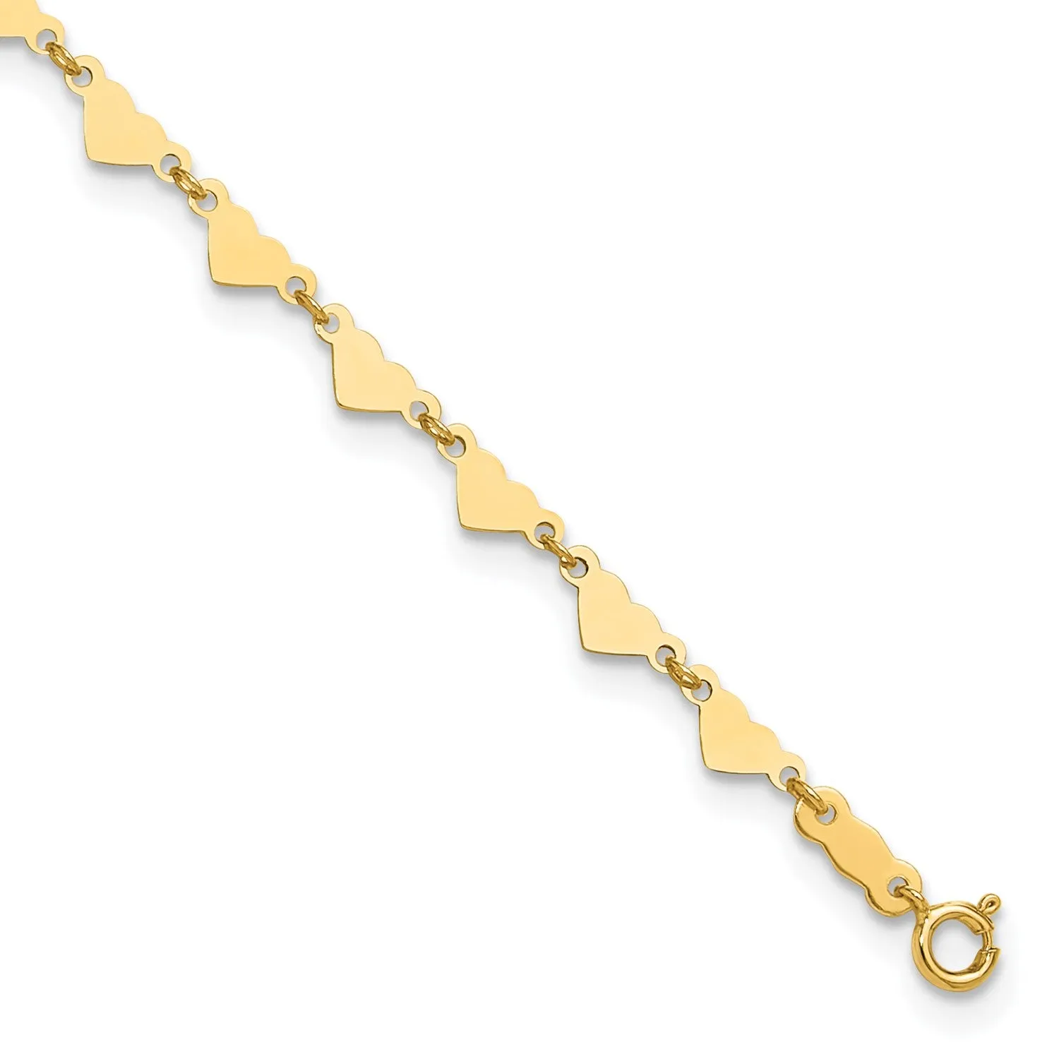 14K Real Yellow Gold Oval Link Chain with Hearts Anklet, 9-10 Inch Adjustable Length