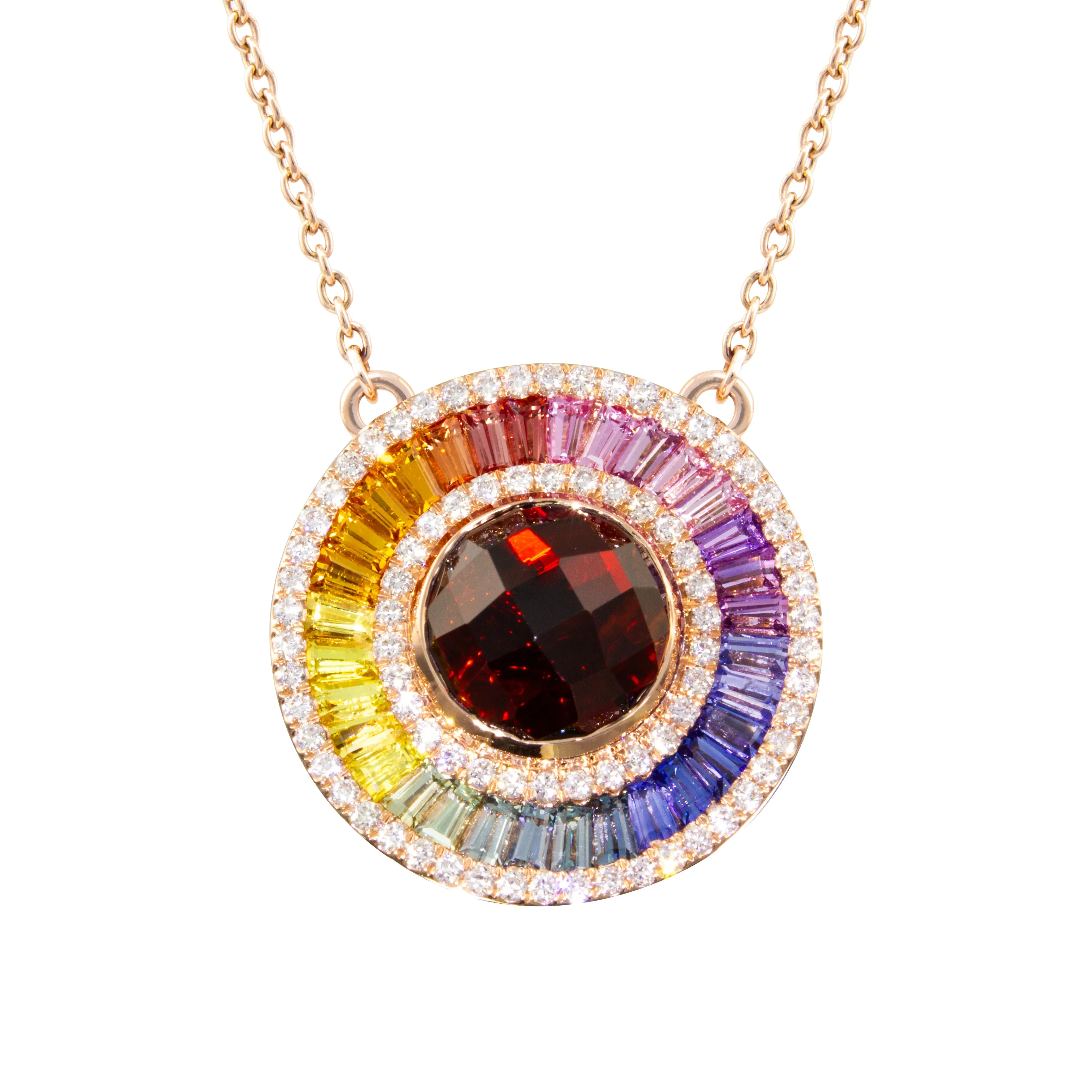 14K Rose Garnet, Sapphire and Natural Diamond 18 inch Necklace