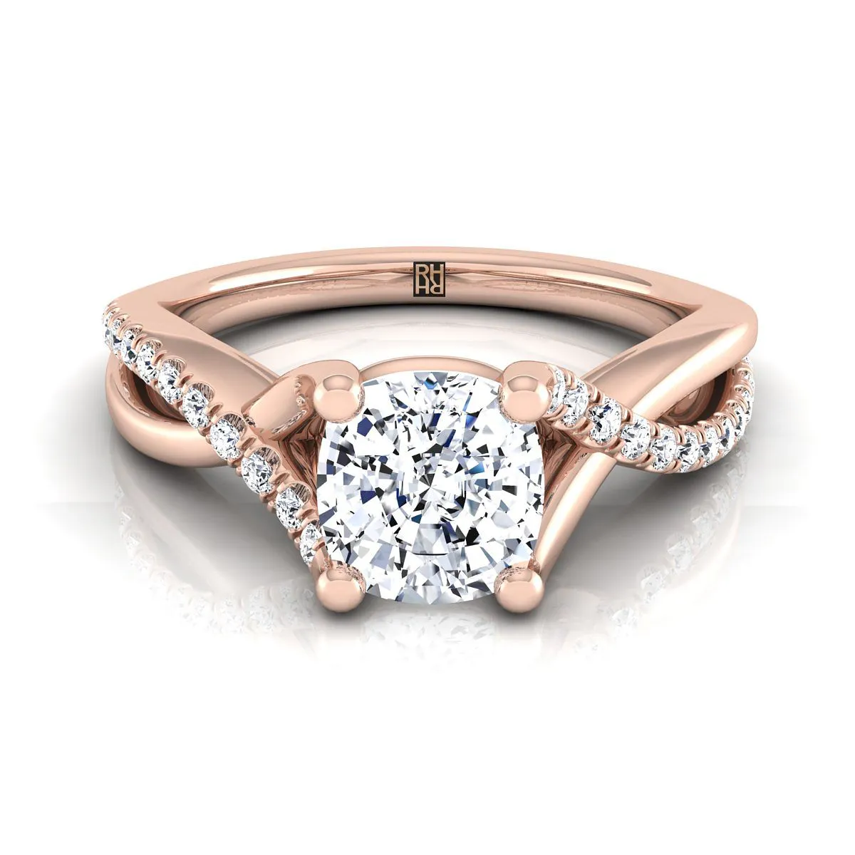 14K Rose Gold Cushion Bypass Pave Diamond Twist Engagement Ring -1/6ctw