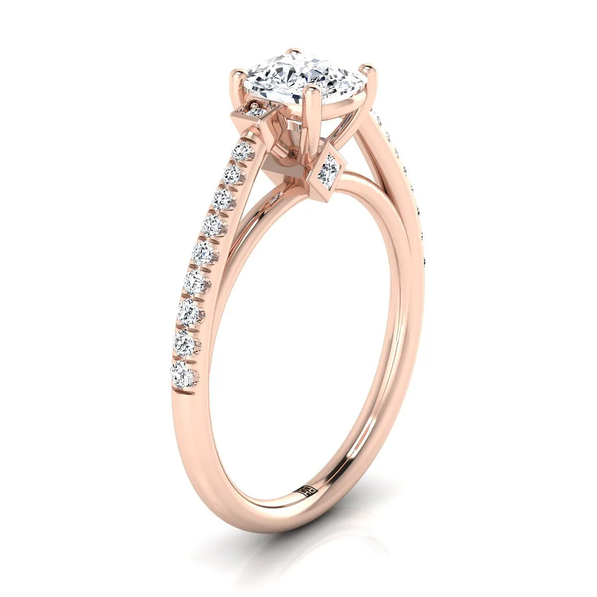 14K Rose Gold Cushion Diamond Delicate Three Stone Pave Engagement Ring -1/3ctw