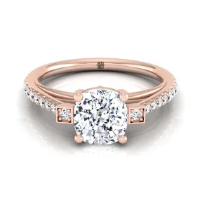 14K Rose Gold Cushion Diamond Delicate Three Stone Pave Engagement Ring -1/3ctw