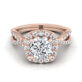 14K Rose Gold Cushion Diamond  Twisted Scalloped Pavé Halo Center Engagement Ring -1/2ctw