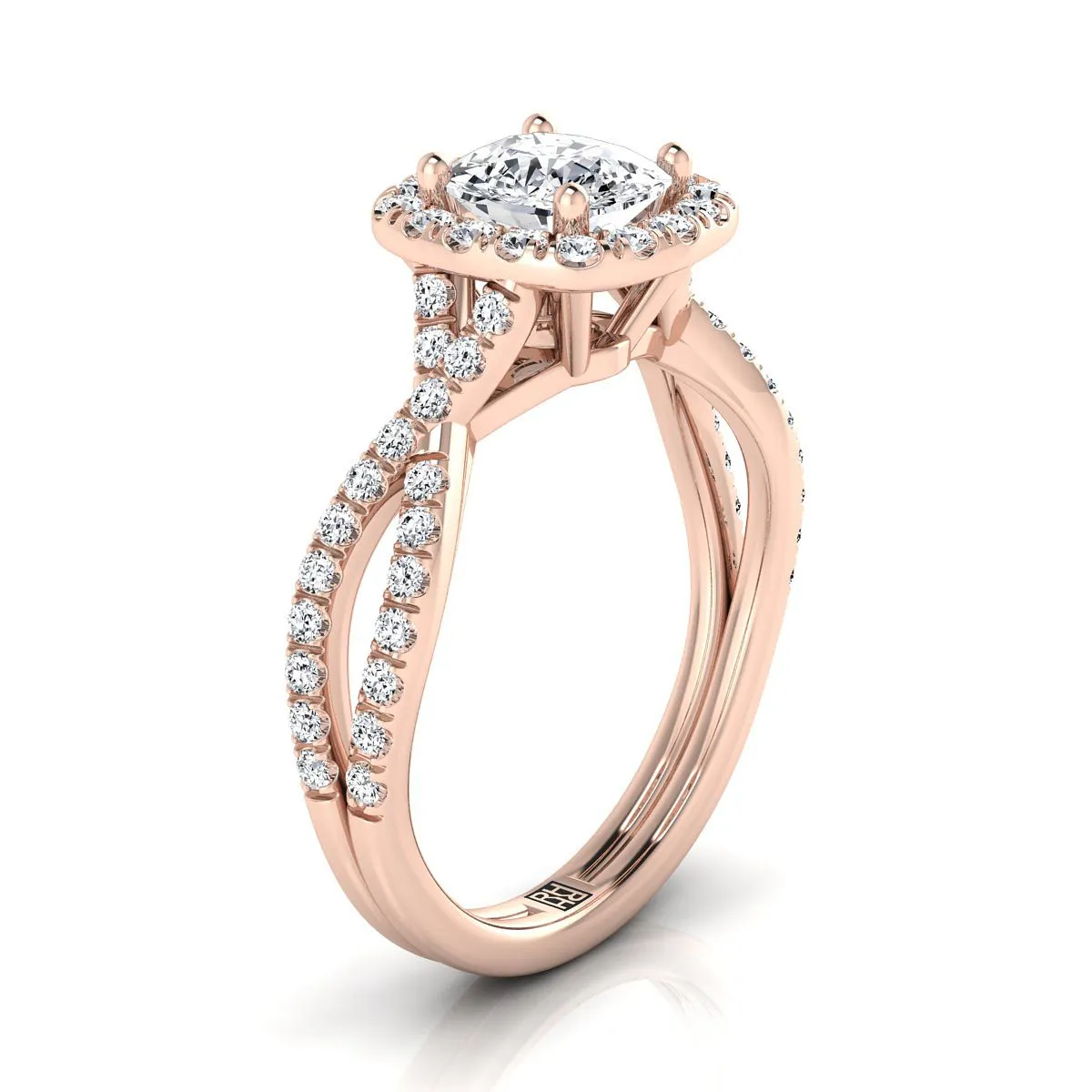 14K Rose Gold Cushion Diamond  Twisted Scalloped Pavé Halo Center Engagement Ring -1/2ctw