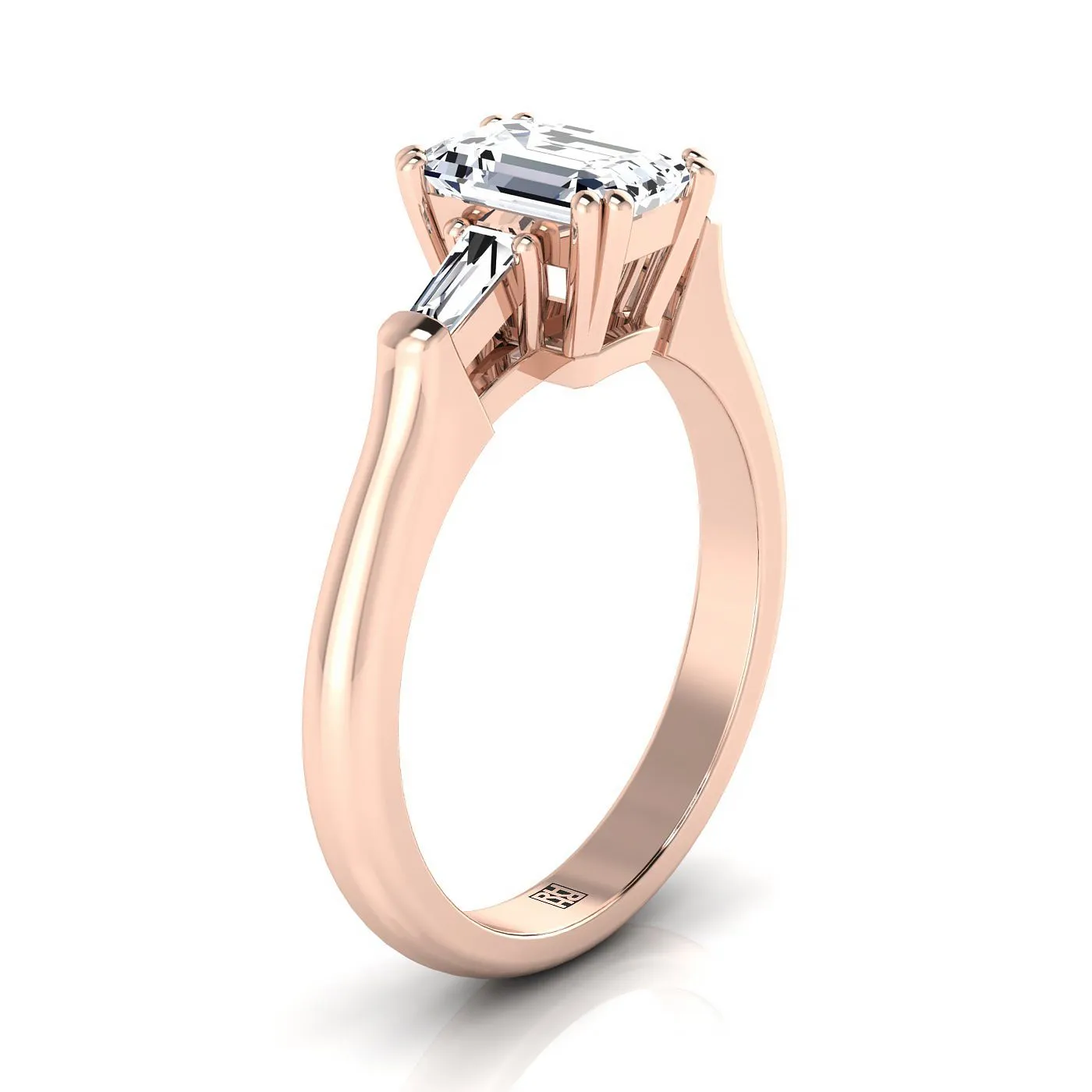 14K Rose Gold Emerald Cut Diamond Tapered Baguette Engagement Ring -1/4ctw