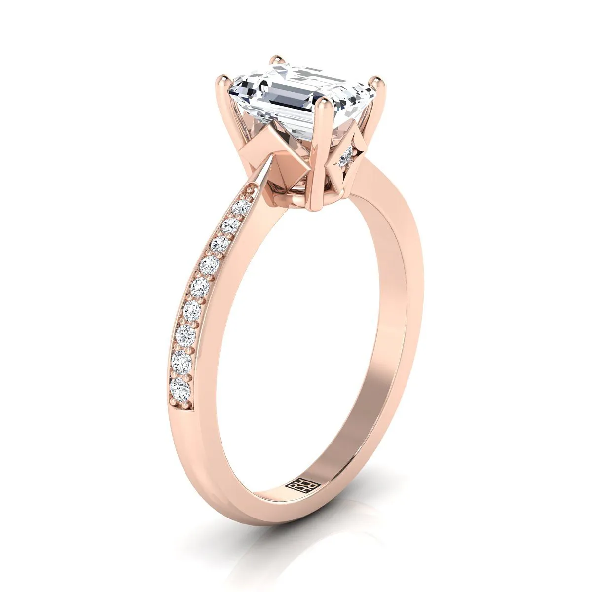 14K Rose Gold Emerald Cut Diamond Tapered Pave Engagement Ring -1/8ctw