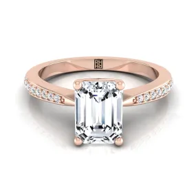 14K Rose Gold Emerald Cut Diamond Tapered Pave Engagement Ring -1/8ctw