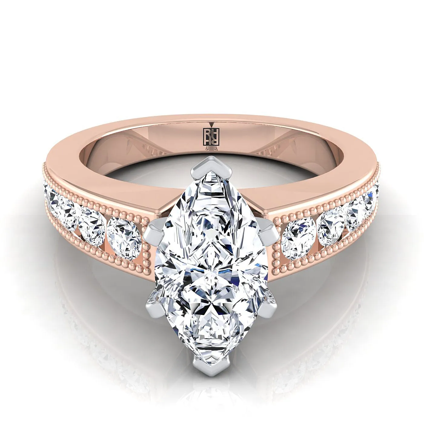 14K Rose Gold Marquise  Diamond Antique Milgrain Bead and Channel Set Engagement Ring -1/2ctw