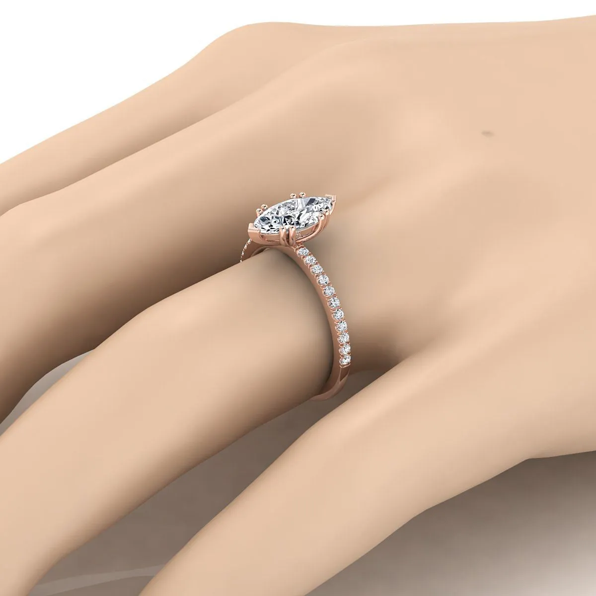 14K Rose Gold Marquise  Diamond Simple French Pave Double Claw Prong Engagement Ring -1/6ctw