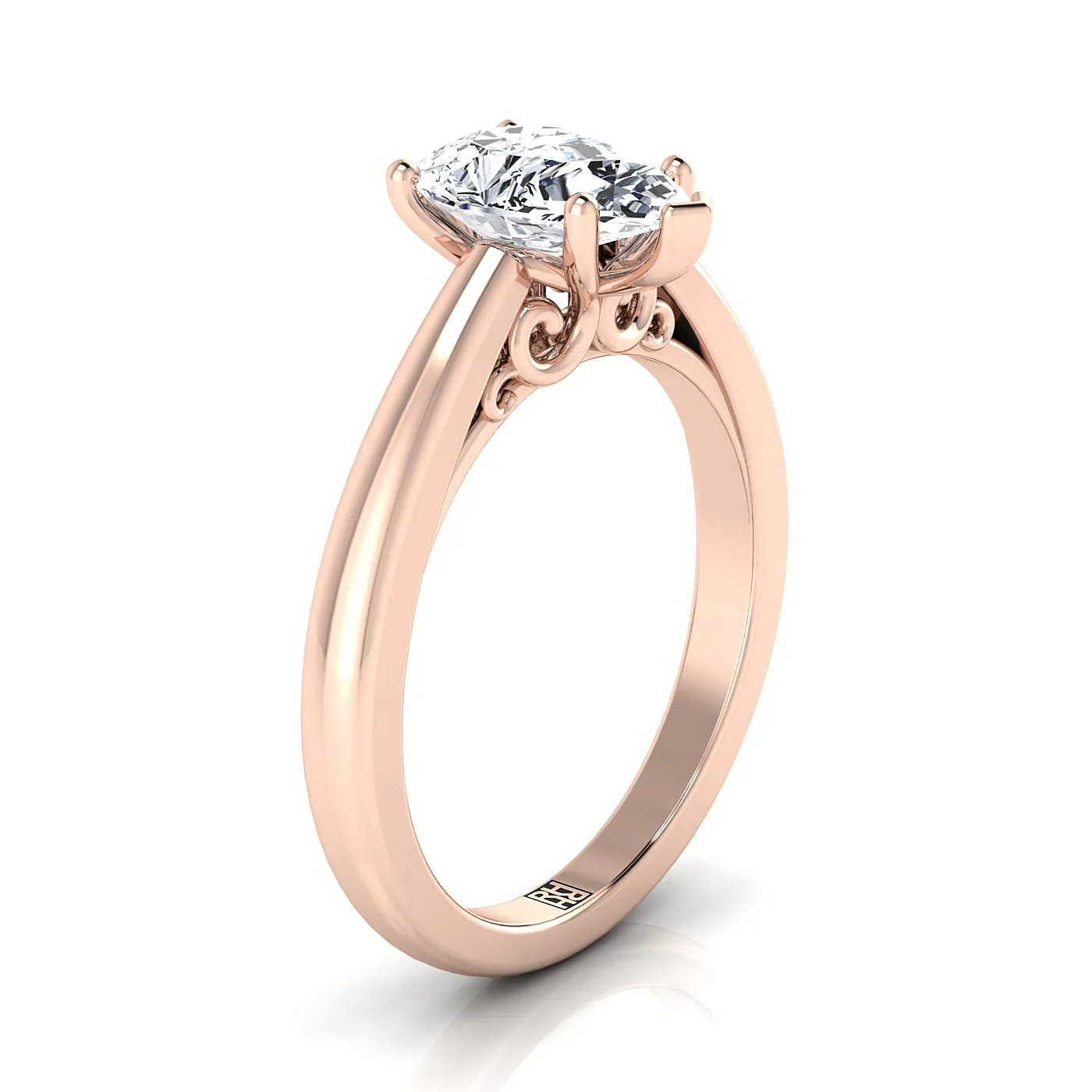 14K Rose Gold Pear Shape Center Scroll Gallery Comfort Fit Solitaire Engagement Ring