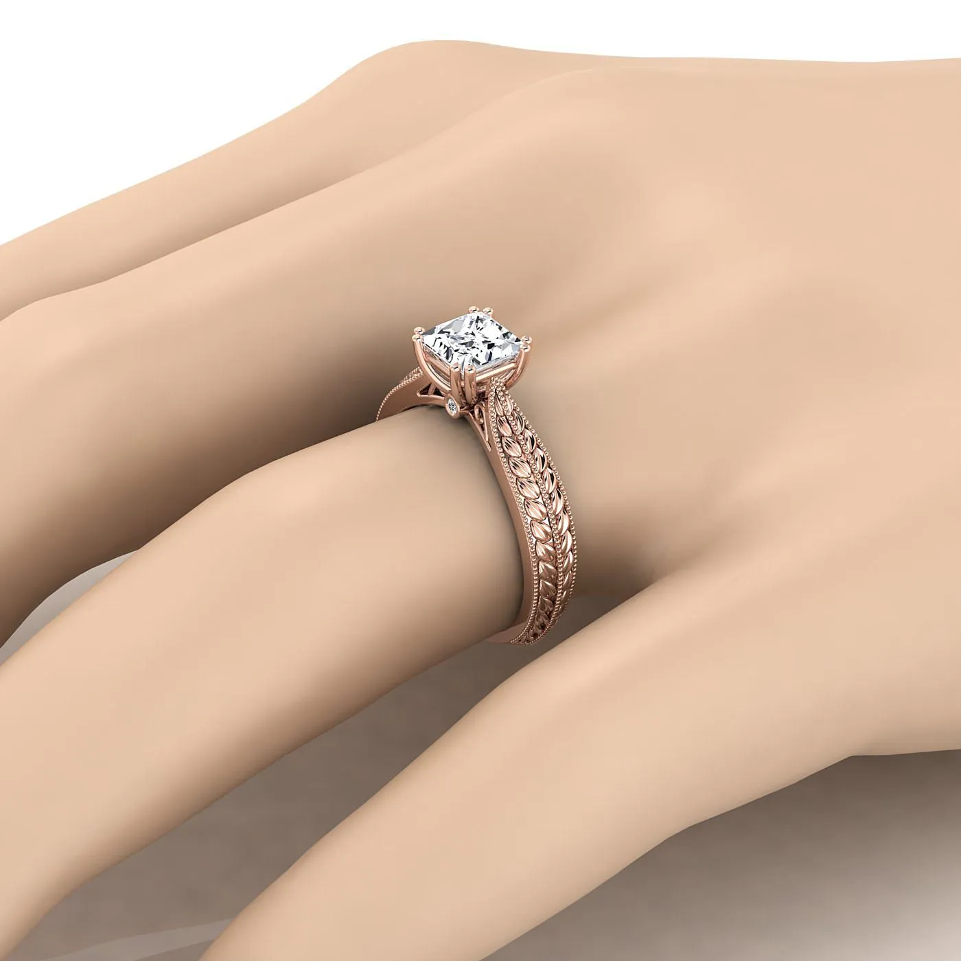 14K Rose Gold Princess Cut Antique Wheat and Bead Pinched Solitaire Engagement RIng