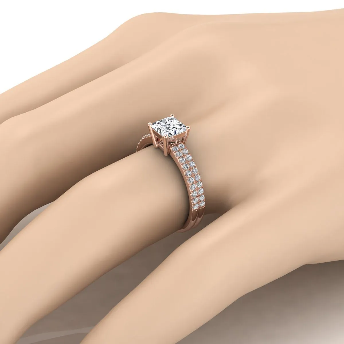 14K Rose Gold Princess Cut Diamond Double Pave Row Engagement Ring -1/4ctw