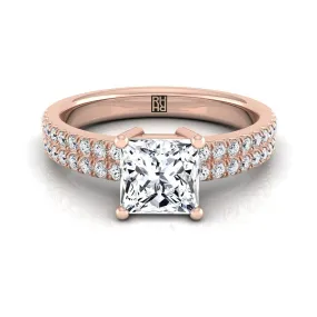 14K Rose Gold Princess Cut Diamond Double Pave Row Engagement Ring -1/4ctw