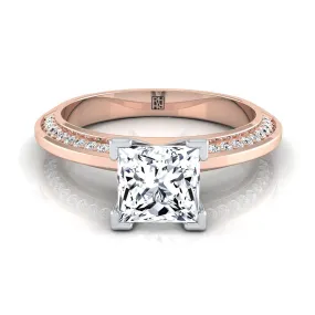 14K Rose Gold Princess Cut Diamond Knife Edge Micropave Engagement Ring -1/5ctw