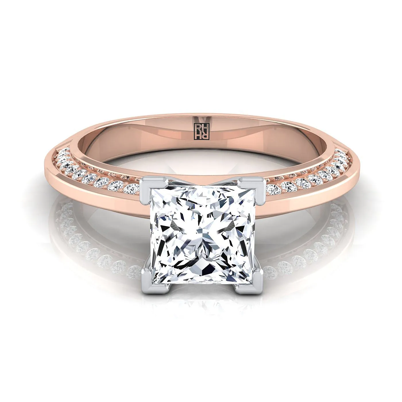 14K Rose Gold Princess Cut Diamond Knife Edge Micropave Engagement Ring -1/5ctw