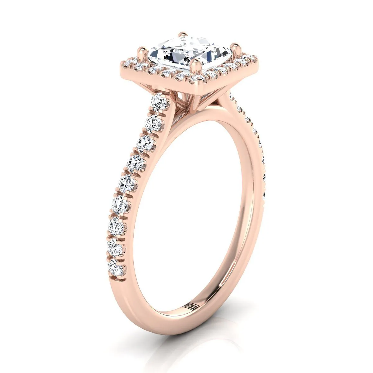 14K Rose Gold Princess Cut Diamond Shared Prong Halo with French Pave Engagement Ring -3/8ctw