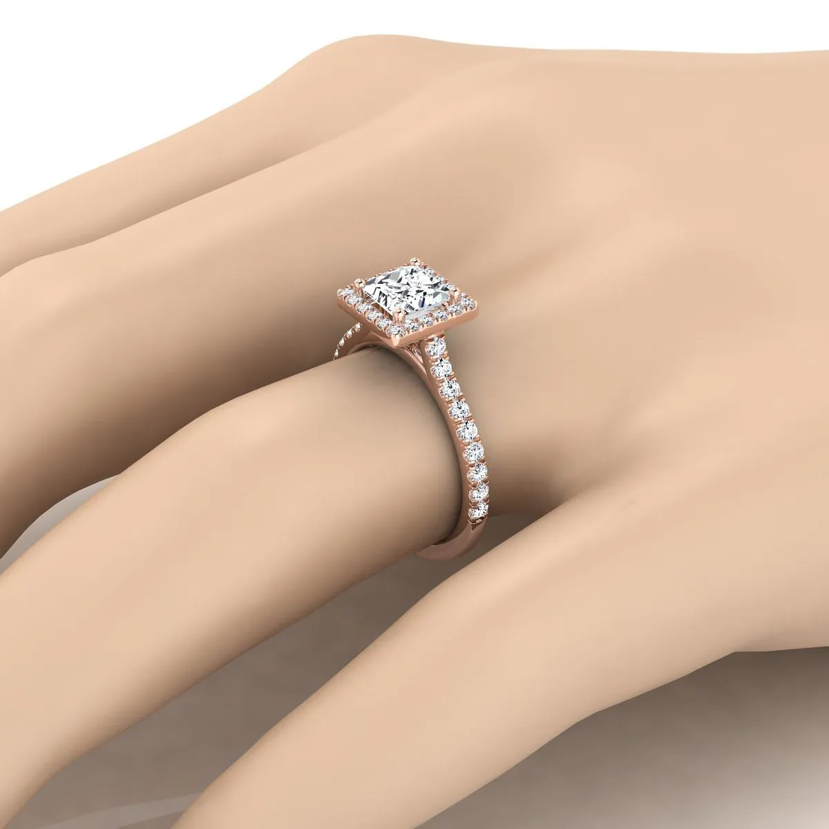 14K Rose Gold Princess Cut Diamond Shared Prong Halo with French Pave Engagement Ring -3/8ctw