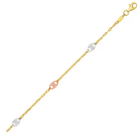 14k Three-Toned Yellow, White, and Rose Gold Anklet Textured Ovals