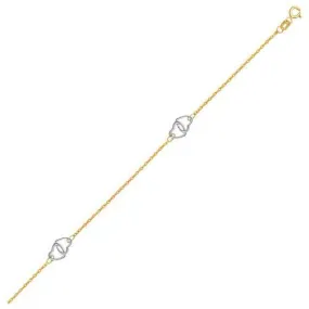 14k Two Tone Gold Entwined Heart Stationed Anklet, size 10''