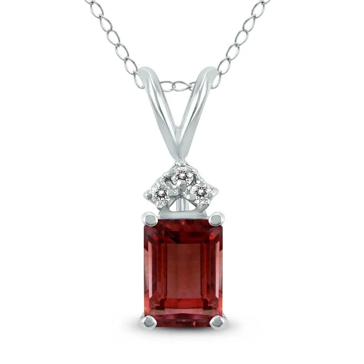 14K White Gold 8X6Mm Emerald Shaped Garnet And Three Stone Diamond Pendant