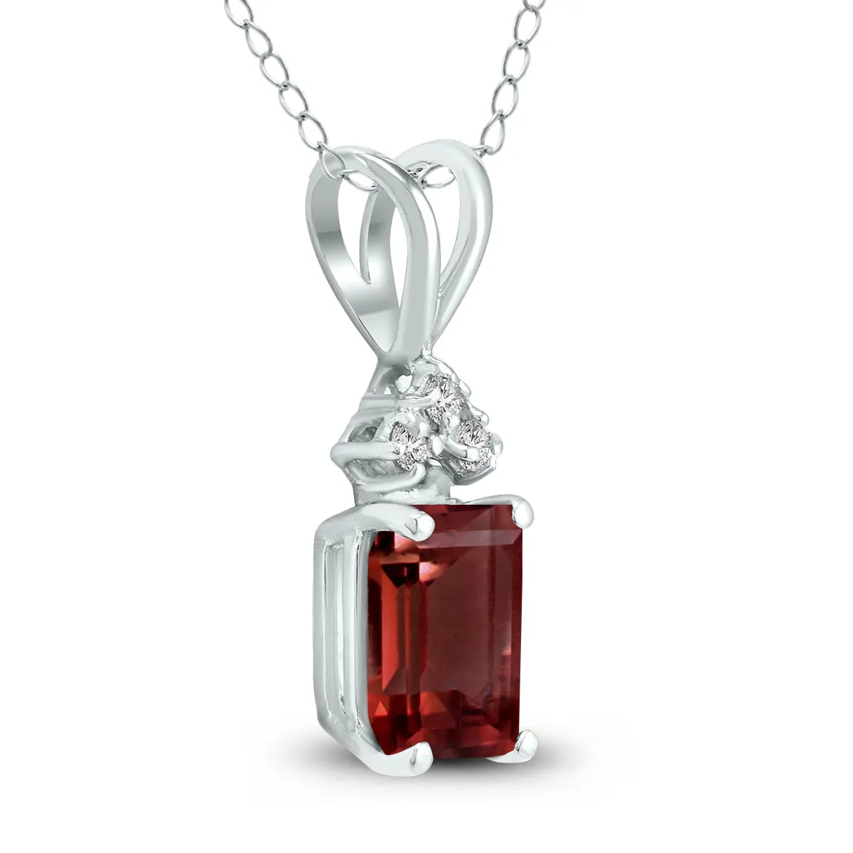 14K White Gold 8X6Mm Emerald Shaped Garnet And Three Stone Diamond Pendant