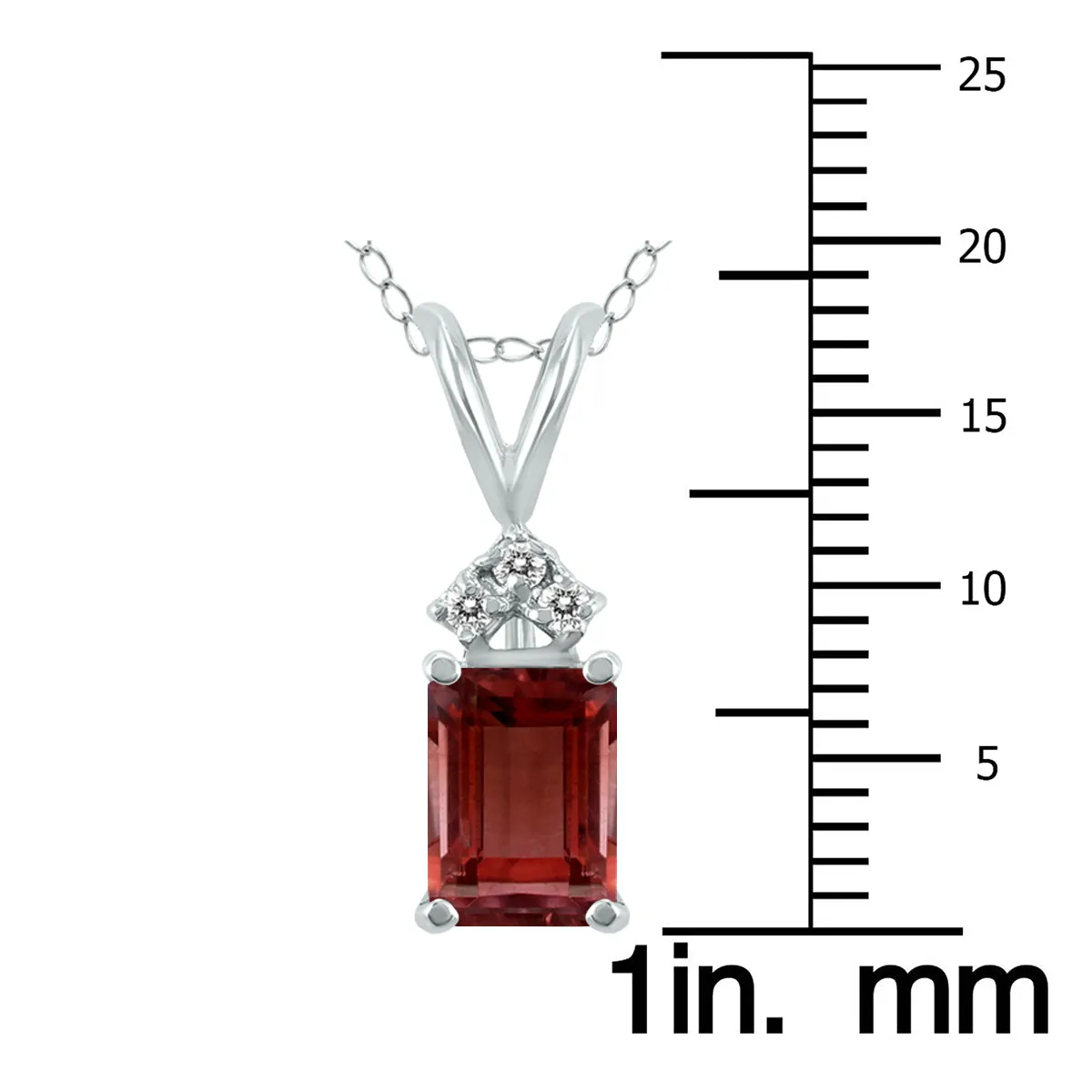 14K White Gold 8X6Mm Emerald Shaped Garnet And Three Stone Diamond Pendant