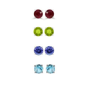 14k White Gold Plated 1/2Ct Created Ruby, Peridot, Tanzanite and Blue Topaz 4 Pair Round Stud Earrings