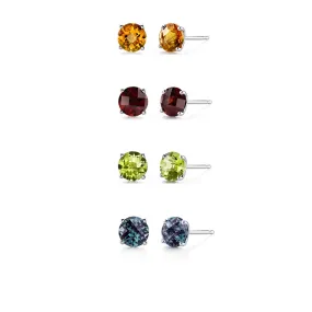 14k White Gold Plated 1Ct Created Citrine, Garnet, Peridot and Alexandrite 4 Pair Round Stud Earrings