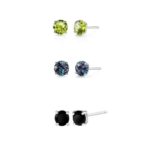 14k White Gold Plated 2Ct Created Peridot, Alexandrite and Black Sapphire 3 Pair Round Stud Earrings