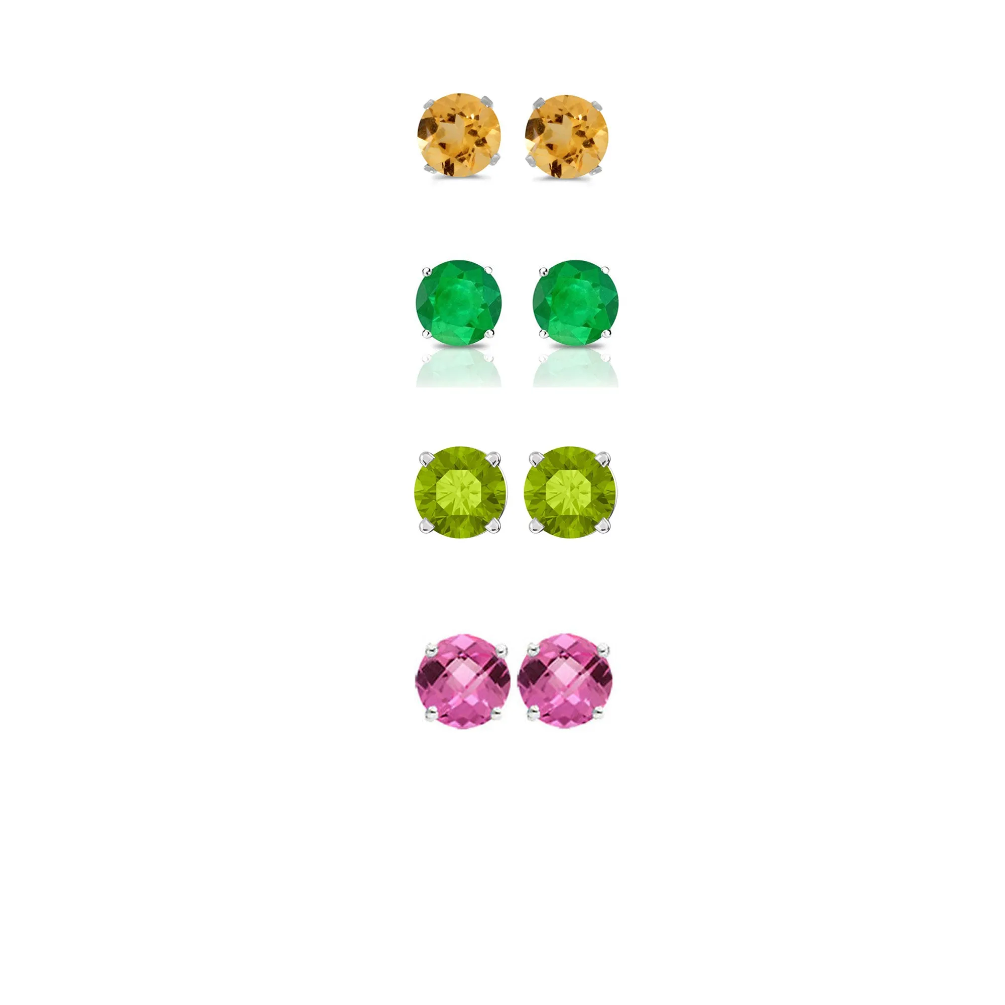 14k White Gold Plated 4Ct Created Citrine, Emerald, Peridot and Pink Sapphire 4 Pair Round Stud Earrings