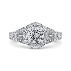 14K White Gold Round Diamond Floral Halo Engagement Ring with Split Shank (Semi Mount)