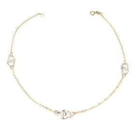 14K Yellow And White Gold Heart Charms Fancy Anklet, 10"