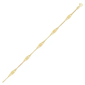 14k Yellow Gold Anklet with Fancy Diamond Shape Filigree Stations