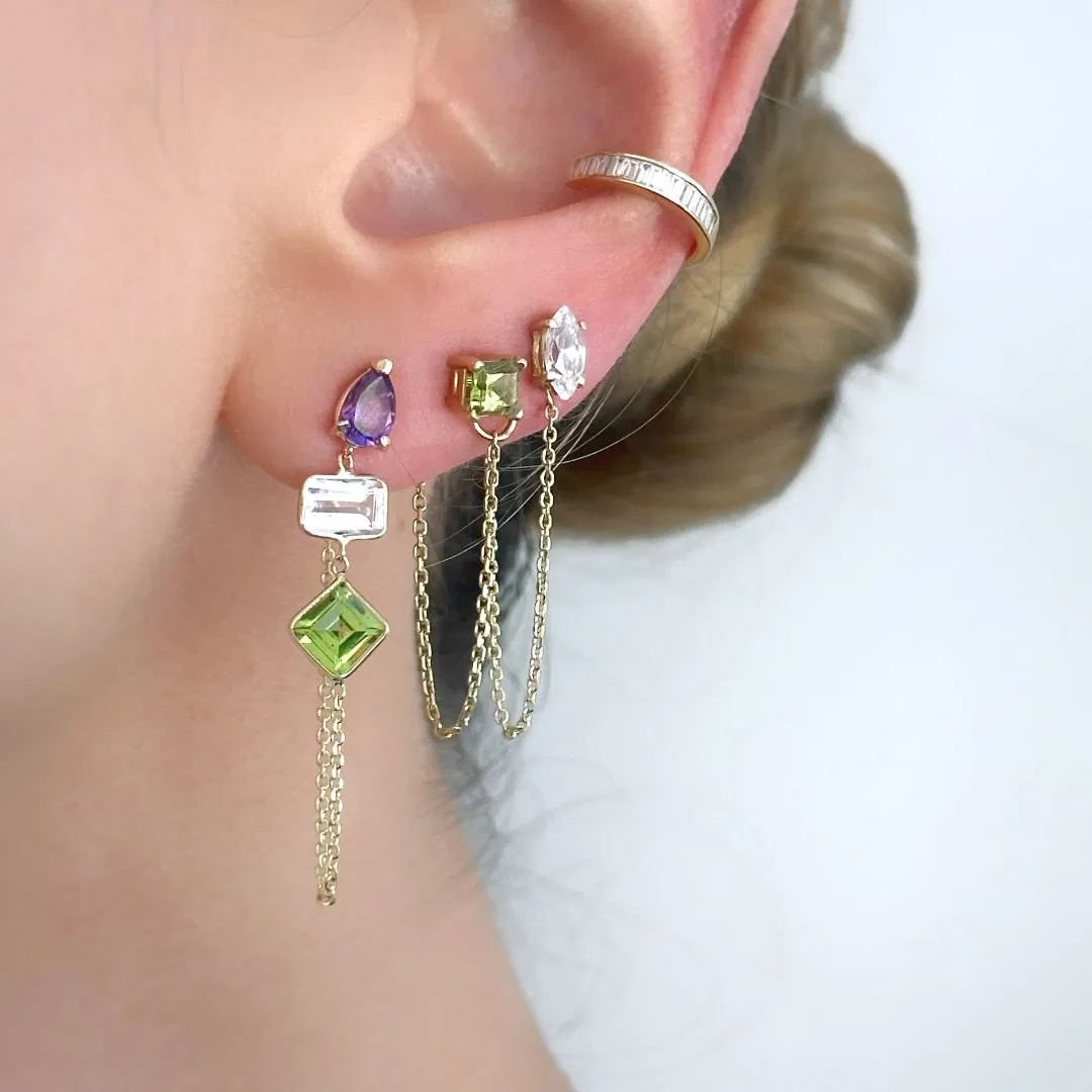 14K Yellow Gold Drop, Emerald And Princess Cut Amethyst, White And Peridot Gemstones Chain Studs