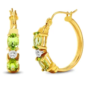 14k Yellow Gold Green Peridot and Diamond Gemstone Hoop Earrings, Birthstone of August