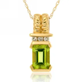 14K Yellow Gold Green Peridot and Diamond Gemstone Pendant, Birthstone of August with 16" Chain.