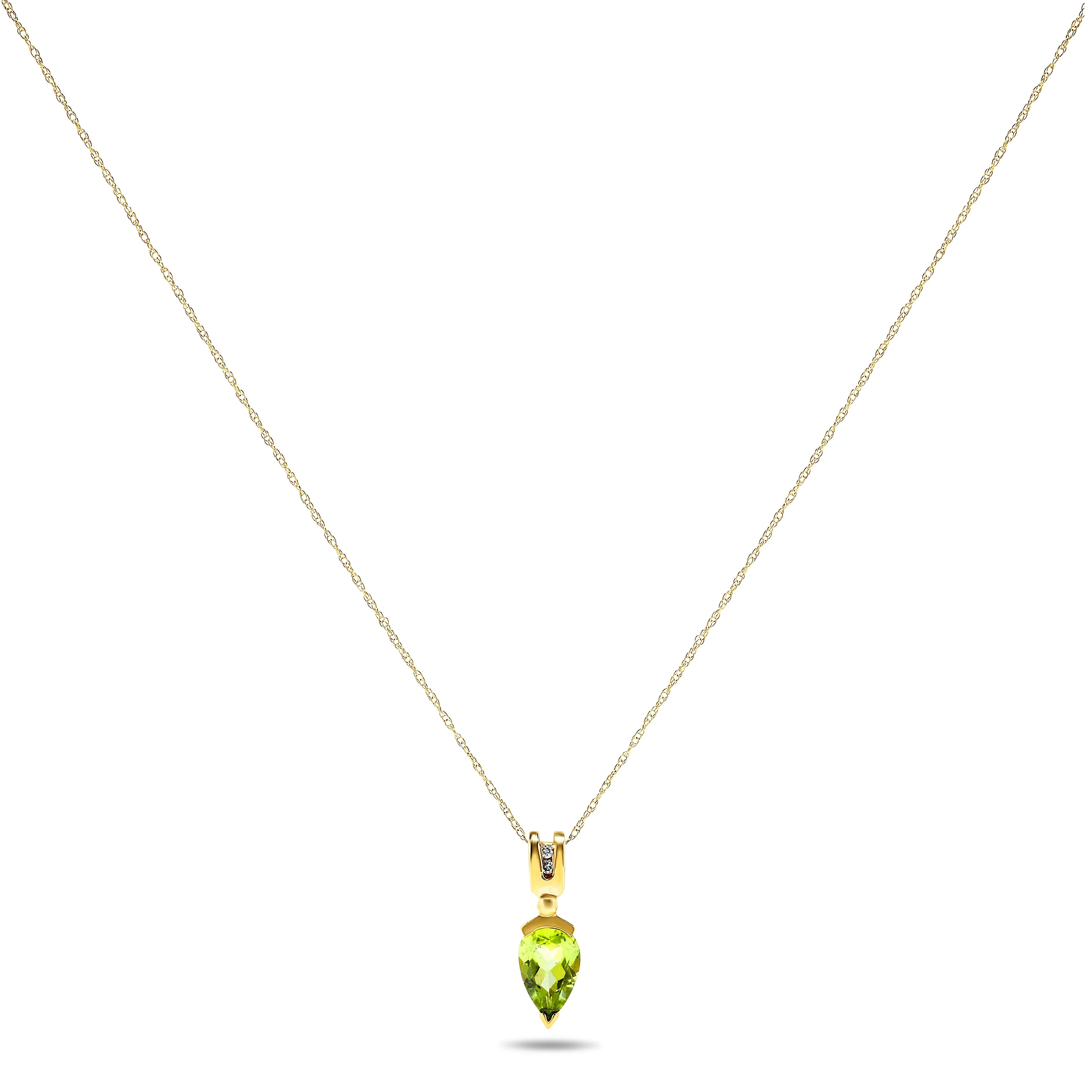 14k Yellow Gold Pear Shape Green Peridot and Diamond Pendant Nacklace, Birthstone of August