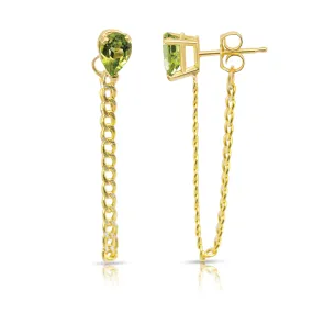 14K Yellow Gold Single Drop Peridot Gemstone Cuban Chain Earrings