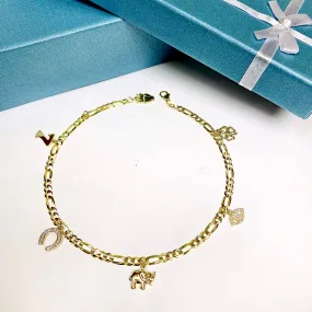 14KY  FIG100  ANKLET WITH LUCKY CHARMS  (ANK101-10-14K)