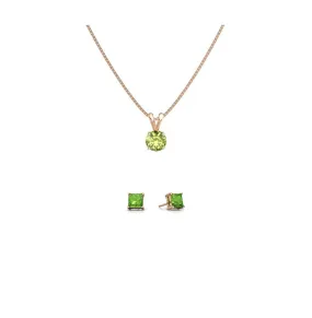 18K Rose Gold 1/2ct Peridot Round 18 Inch Necklace and Square Earrings Set Plated