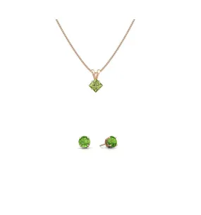 18K Rose Gold 1/2ct Peridot Square 18 Inch Necklace and Round Earrings Set Plated