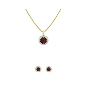 18K Yellow Gold 1/2ct Halo Garnet Round 18 Inch Necklace and Halo Earrings Set Plated