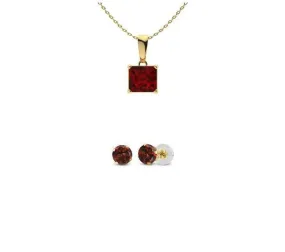 18K Yellow Gold 2ct Garnet Princess Cut 18 Inch Necklace and Round Earrings Set Plated